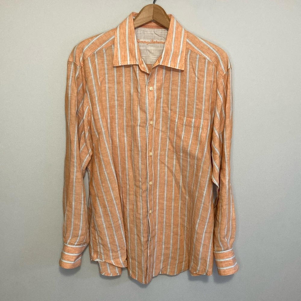 Men’s Tommy Bahama Size Large Orange Striped Linen Shirt Long Sleeve Button Down